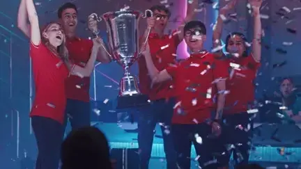 Esports Video Game Winner Team Celebrates with Trophy
